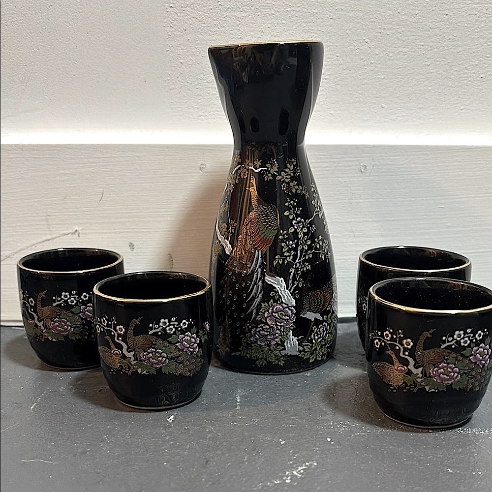 Elegant Black Sake Set with Peacock Design